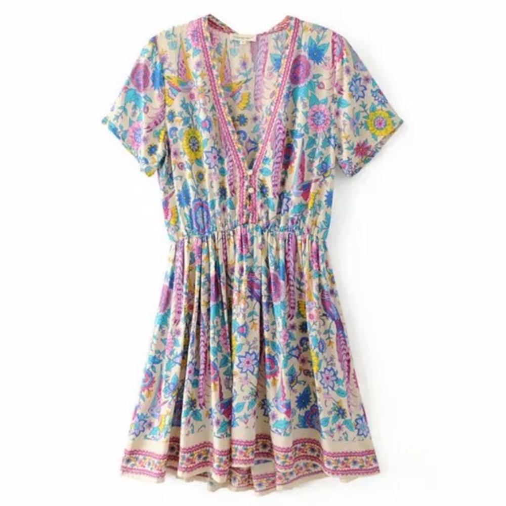 Colorful Bird Boho Floral Gypsy Print Dress - Picture 4 of 10